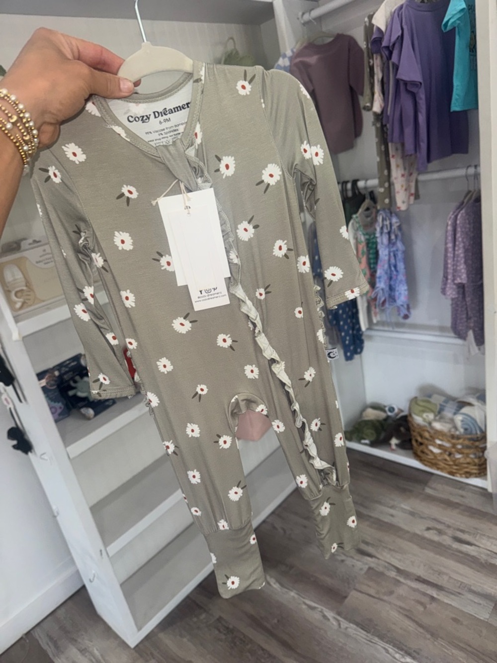 Kids Daisy Ruffle Footed Pajamas - Sage